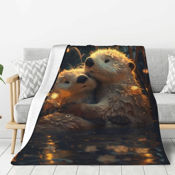 Fuzoiu Adorable Otter Pair Hug Print Flannel Throw Blanket,Light Weight Warm Decorative,Throw Blanket Cover for Sofa, Couch, Bedroom,Travel-60"x50"