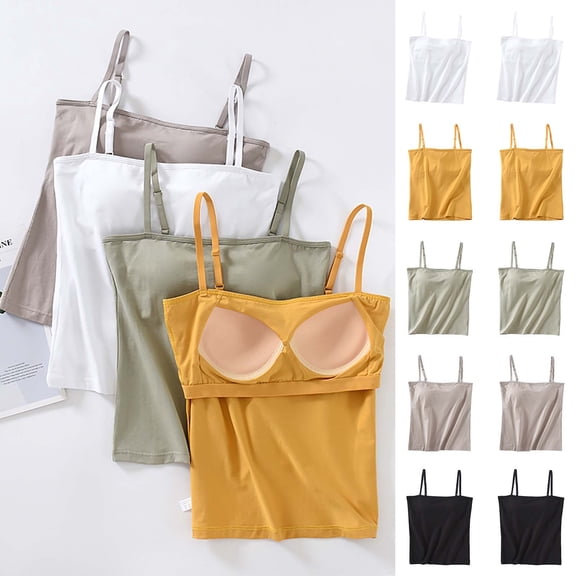 Ashirexll Tank Tops for Women, Straight Neck Suspender Solid Color Camisole Built in Bra Top Blouses