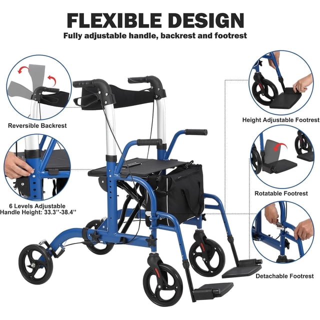 AKDSteel Déambulateur Tout-Terrain, Déambulateur Pliant 2-en-1 avec Siège et Dossier, Roues de 30 cm et Double Frein, Cadre Léger Ajustable avec Sac de Rangement, Capacité de 130 kg pour Aînés et Adultes