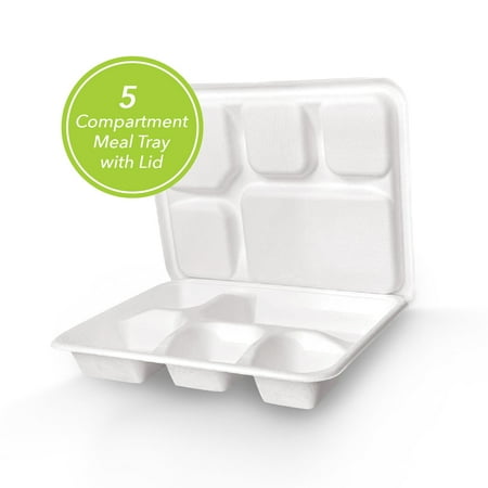 

THREE LEAF 5 COMPARTMENT MEAL TRAY WITH LEAD SET 200 SETS. Heavy-Duty- Super Strong- Natural- Eco-Friendly Disposable Bagasse Tray with Plates 100% Biodegradable Plates