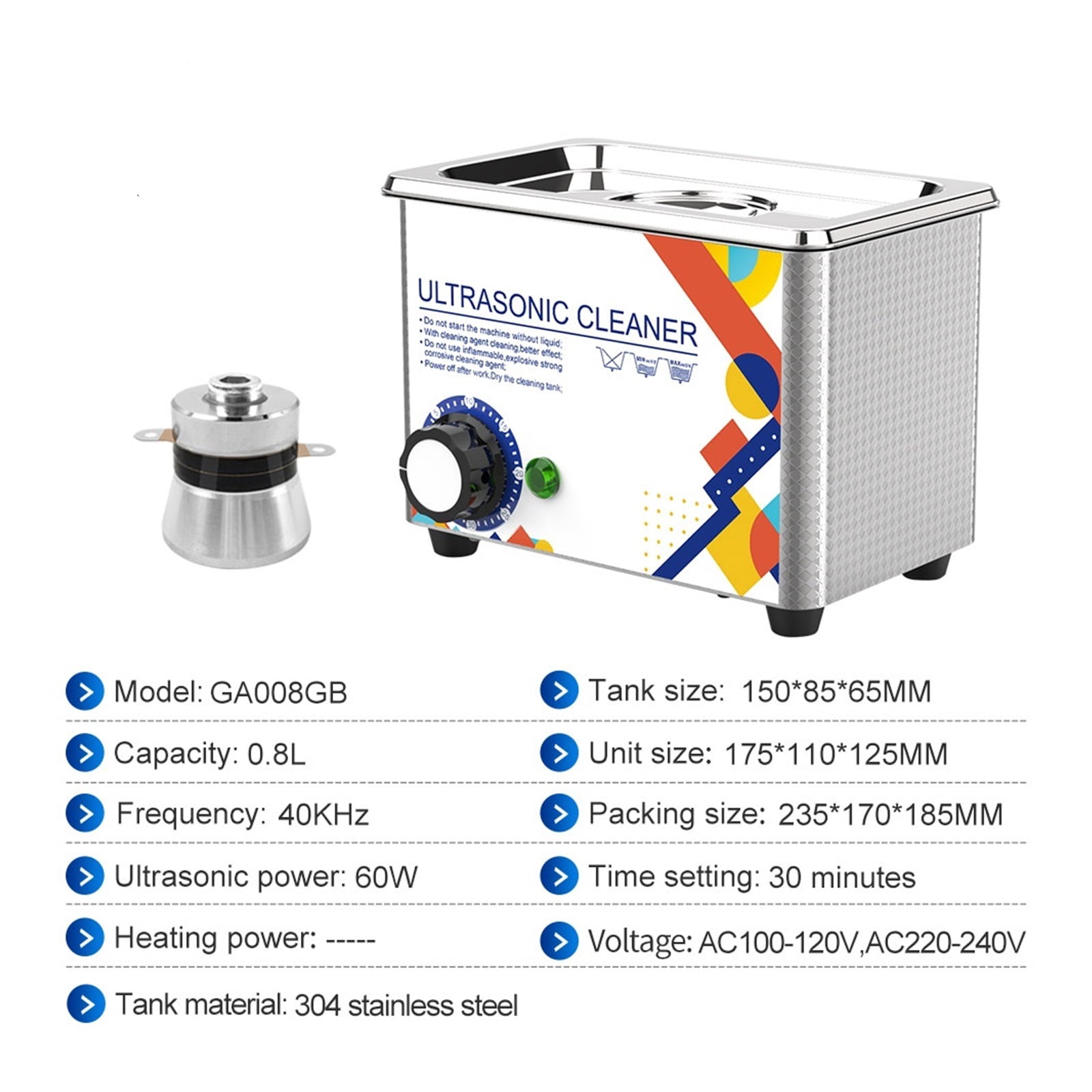 Ultrasonic Cleaner 800ML 1L 40KH 35W 60W Easy Operation Jewelry Glasses Makeup Washer Bath