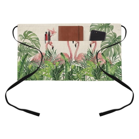 Pink Flamingo Kitchen Restaurant Half Waist Apron, Green Jungle Tropical Palm Leaves Linen Texture Server Short Apron with 3 Pockets Waterproof Oil Waist Aprons for Women Waitress Waiter