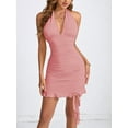 thumbnail image 2 of Women Halter Deep V Neck Ruched Bodycon Dress Summer Mesh Hem Cocktail Club Party Short Mini Dresses Lotus Root Pink M, 2 of 8