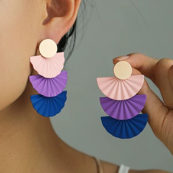 2pcs Colourful Fan Shaped Dangle Earrings for Women Boho Exaggerated Metal Geometric Drop Earrings Minimalist Statement Earrings Jewelry Gifts