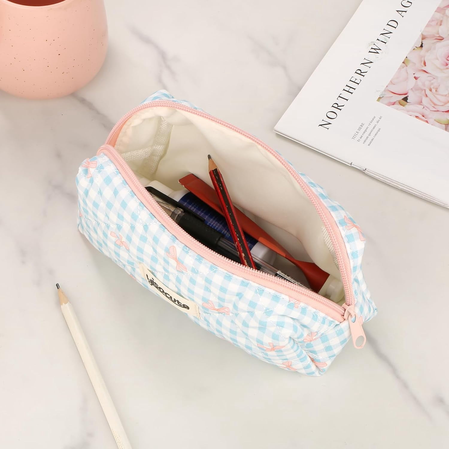 SNNDER Pink Coquette Bow Pen Holder - Acrylic Desk Organizer With 3 Compartments, Girly Preppy Decor For Desk, Dorm, Or Office