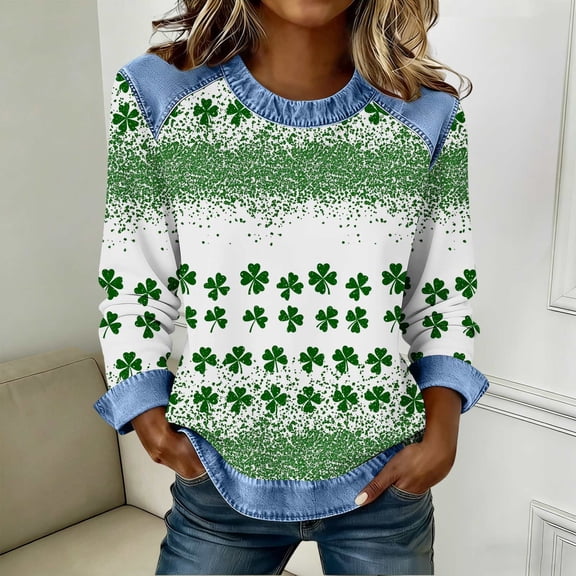 St. Patrick's Day Sweatshirt for Women Clover Pattern Graphic Shirt Long Sleeve Crewneck Casual Denim Trim Pullover Tunic Festival Holiday Apparel
