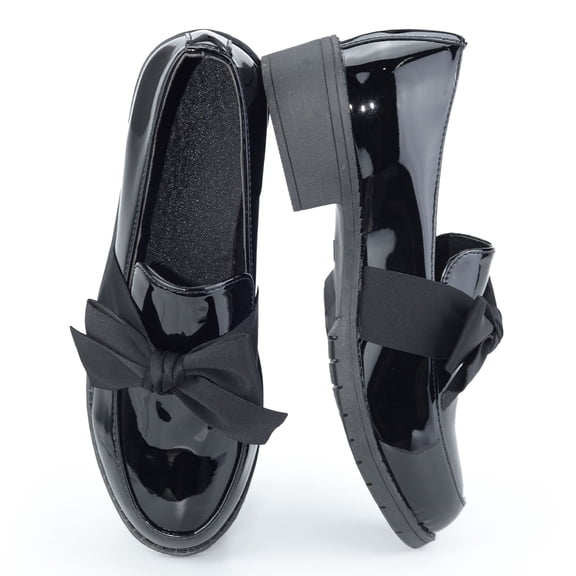 BERANMEY Women's Slip-On Loafers Comfortable Patent Leather Wedge Heel Dress Shoes with Bow Detail Wide Width Sneakers for Office and Business