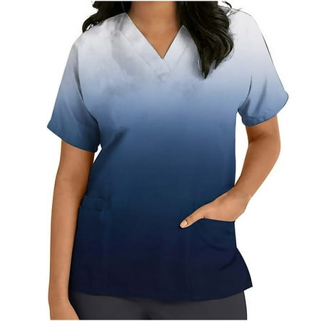 

Summer Savings Clearance 2022! SuoKom Scrubs Tops Women Short Sleeve V-neck Tops Uniform Printed Pockets Blouse Nursing