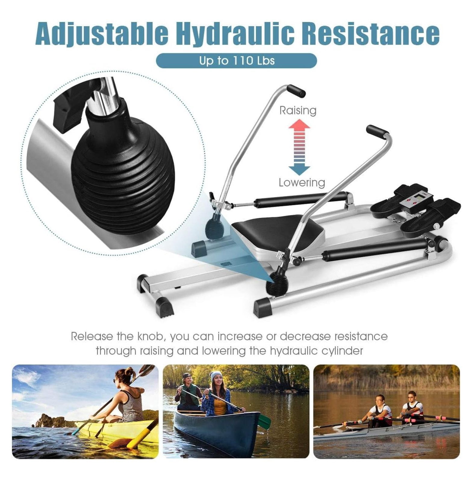 Rowing Machine for Home, 265LBS Weight Capacity Hydraulic Rowing Machine with Adjustable Cylinder Resistance up to 110lbs & LCD Monitor, Compact Full Rower for at Home Exercise Silver