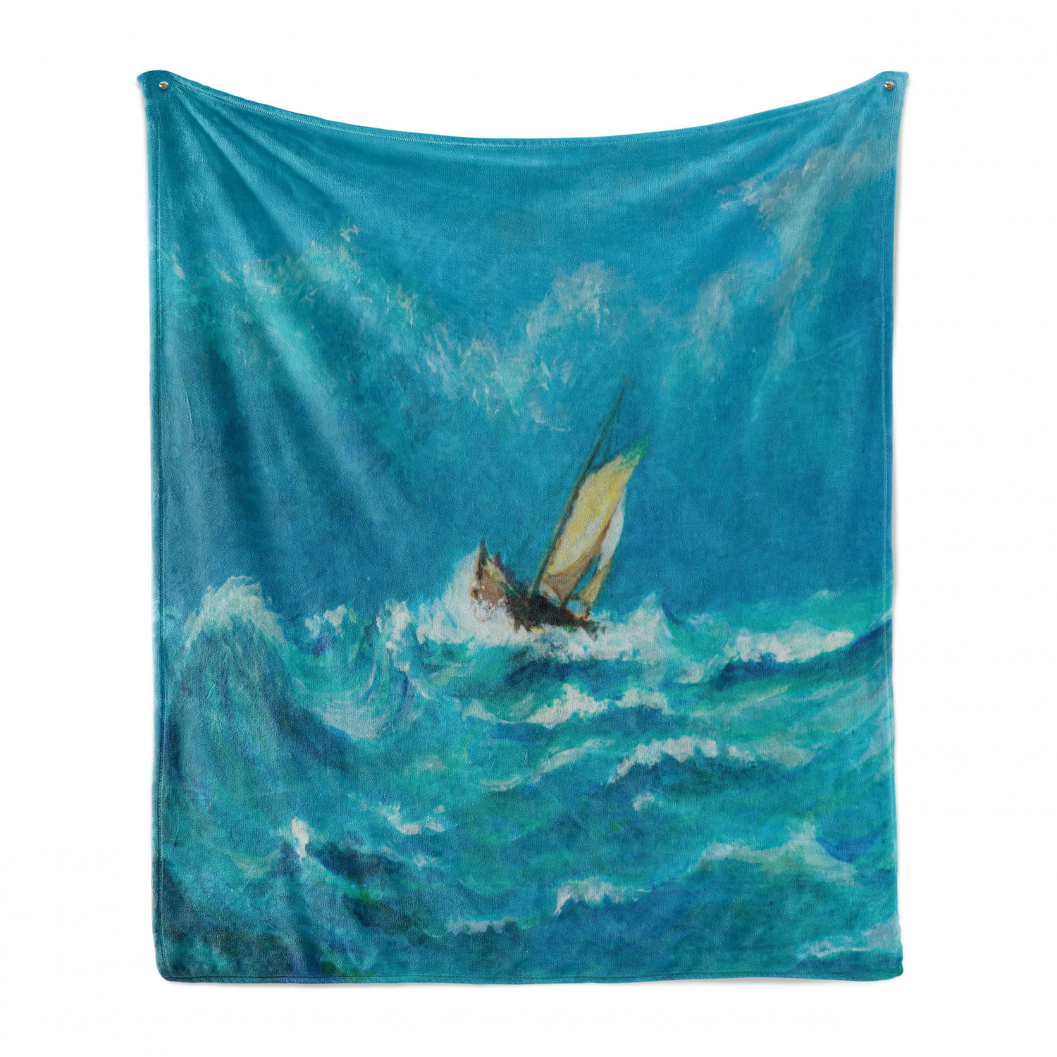 Ambesonne Landscape Soft Flannel Fleece Throw Blanket Stormy and Rainy Weather Waves Vintage Ship Sailing Oil Paint 50 x 70 Dark Cadet Blue White Cozy Plush for Indoor and Outdoor Use 