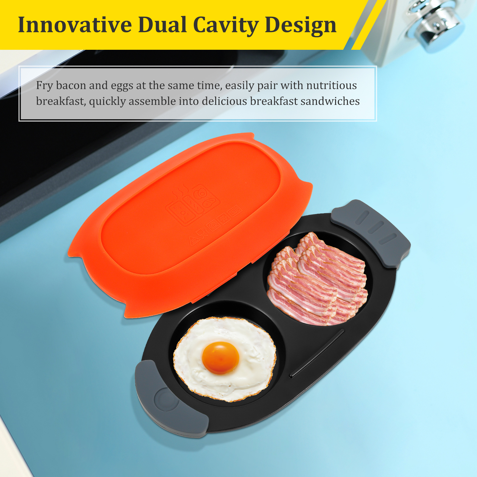 Qenwkxz Microwave Egg Fryer, 2 Cavity Quick Heat Microwavable Egg Maker with Silicone Lid for Breakfast Sandwiches Kitchen