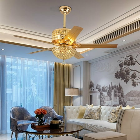

Anqidi 52 Inch Crystal Ceiling Fan Light Modern Gold Pendant Fan Lamp 5-Blades 3-Speed Ceiling Fan Chandelier with Remote