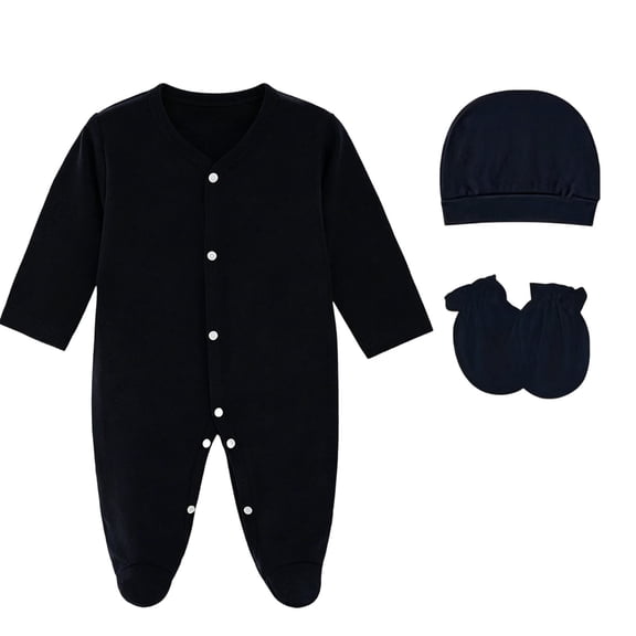Ohufall 0-1Y 3Pcs Footed Baby Romper Set Cotton For Infant Boys Girls, V Neck Full Snap Long Sleeve With Hat & Scratch Mitten
