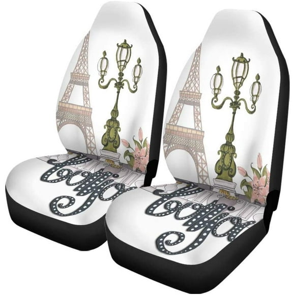 POGLIP Set of 2 Car Seat Covers Bonjour Lettering Flowers Isolated French Hello Eiffel Tower Street Light Universal Auto Front Seats Protector Fits for Car,SUV Sedan,Truck