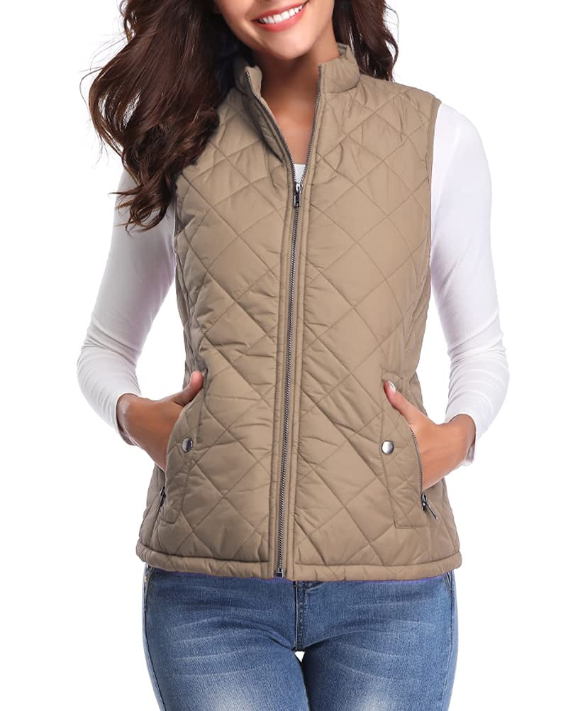 Fuinloth Women's Quilted Vest, Stand Collar Lightweight Zip Padded Gilet