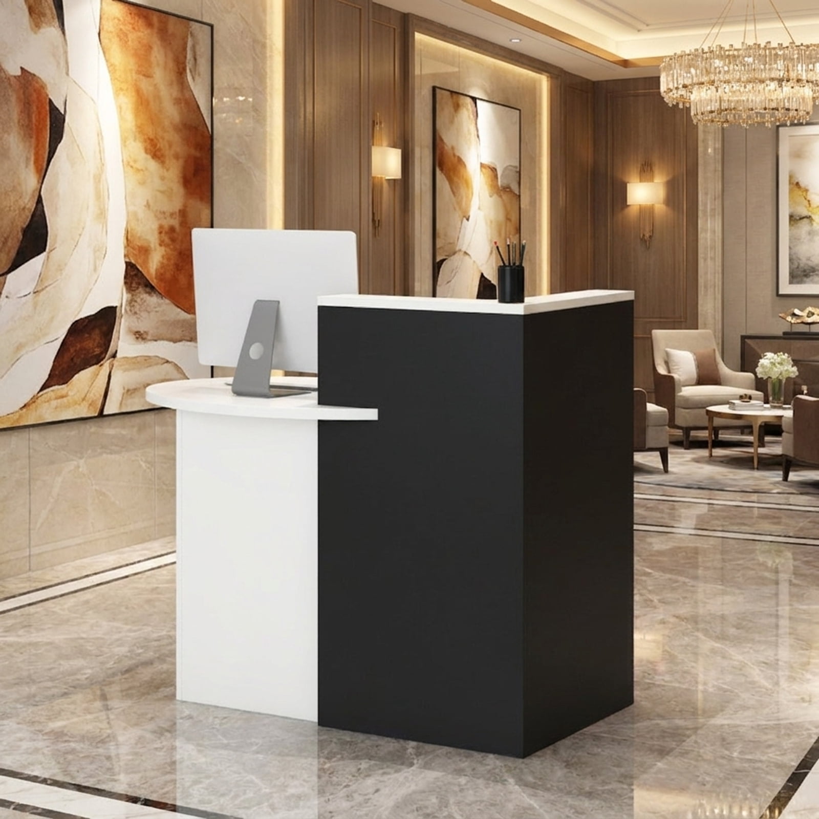 Furnibear Computer Desk Reception Office Desk with Open Shelf and Lockable Drawer, Brushed