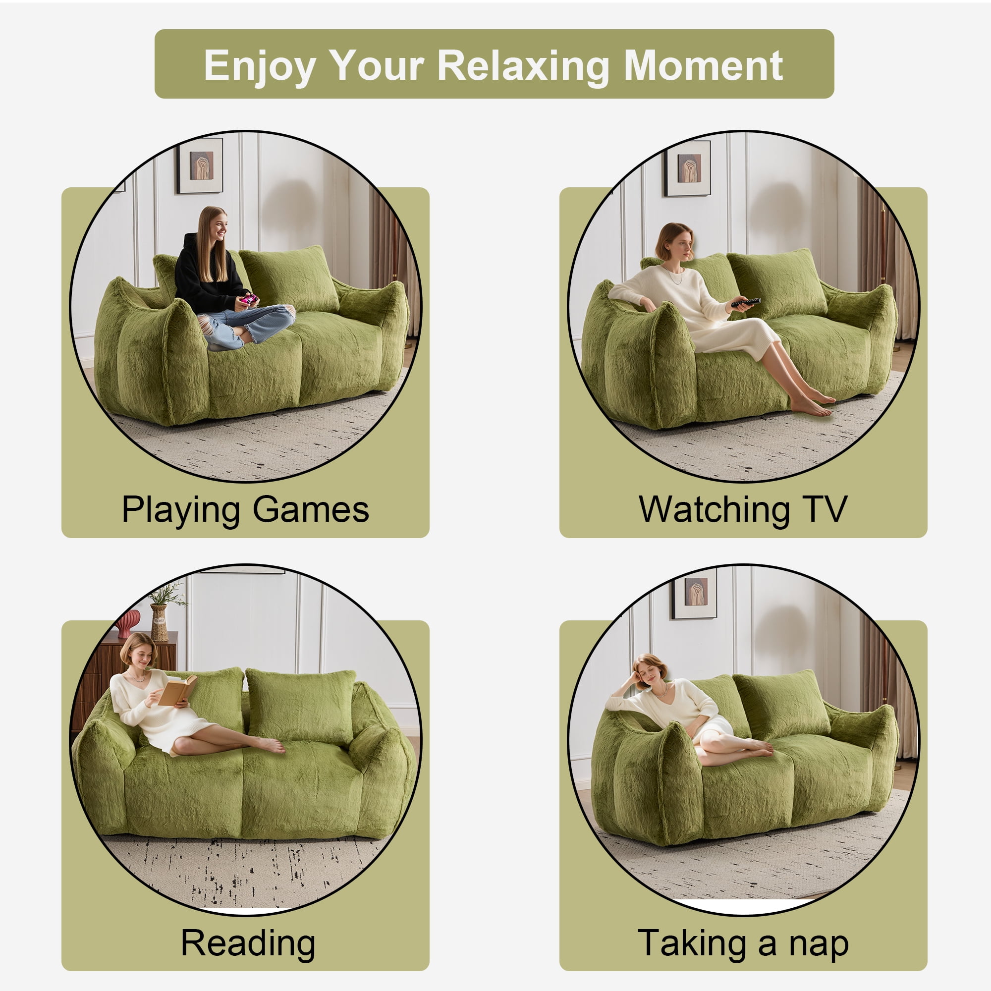 FFH Bean Bag Chair for Adults, 75" Oversized Loveseat Bean Bag Sofa with 2 Pillows, Lazy Sofa Reading Chaise Lounge Couch for Living Room, Bedroom, Green