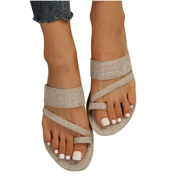 Xfvqtps Slide Sandals for Women Flat Toe Ring Flax Breathable Non Slip Outdoor Summer Sandals Beige