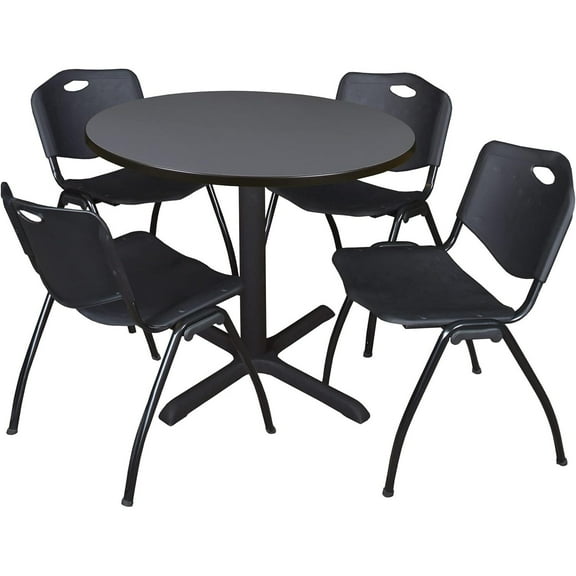 HomeStock Asian Allure 42" Round Breakroom Table- Grey & 4 'M' Stack Chairs- Black, Ideal Table and Chair Set for Cafeterias, Dining, and Office Spaces
