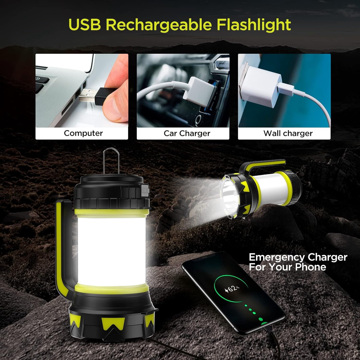 Rechargeable Flashlights Camping Lantern, 6 Modes LED Bright Flashlight 3000mAh Battery, IPX4 Waterproof, Emergency Flashlight Lantern for Outdoor, Hurricane, USB Cable Included-2 Pack