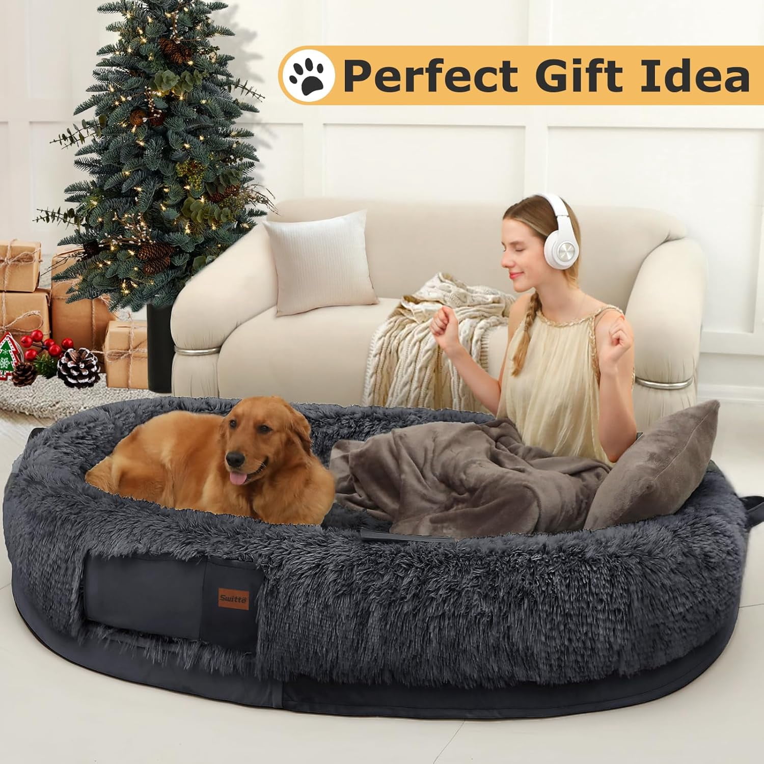SWITTE Human Dog Bed for Adult, 71"x47"x13" Washable Large Human Size Dog Bed with Blanket for People Doze Off, Removable Giant Dog Bed with Pillow for Adult Pet - Dark Grey