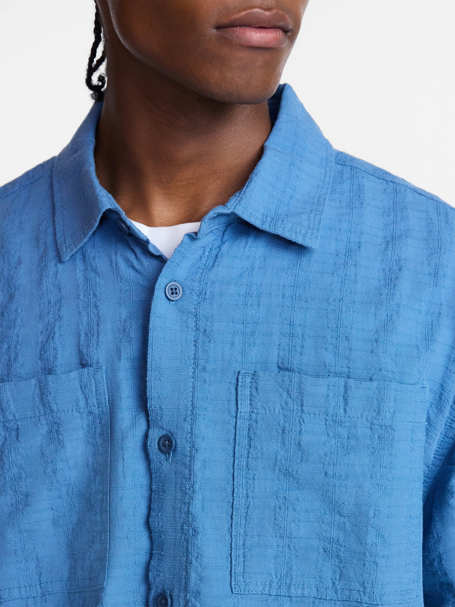 No Boundaries Textured Grid Boxy Fit Resort Shirt, Men's XS-5XL
