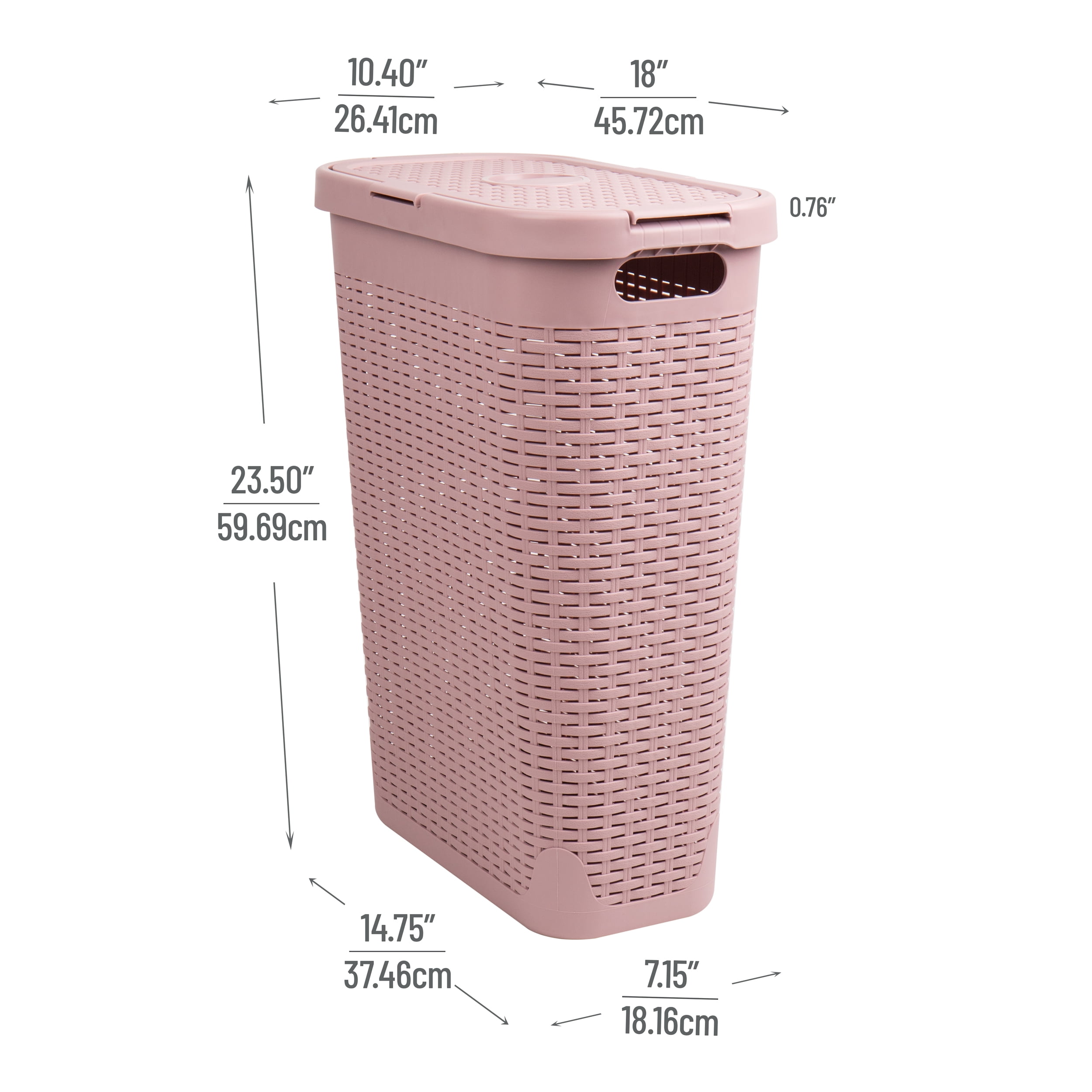 Mind Reader 40L Slim Laundry Hamper, Clothes Basket, Lid, Wicker Design, Plastic, 18"L x 10.4"W x 23.5"H, Pink