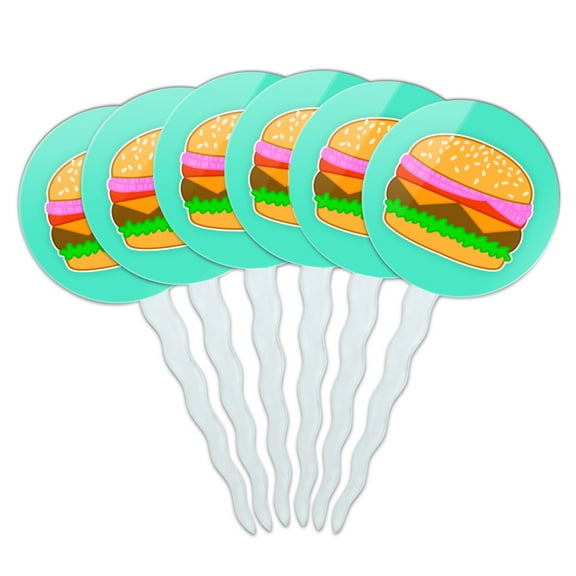 Simple Summer Hamburger Cupcake Picks Toppers Decoration Set of 6