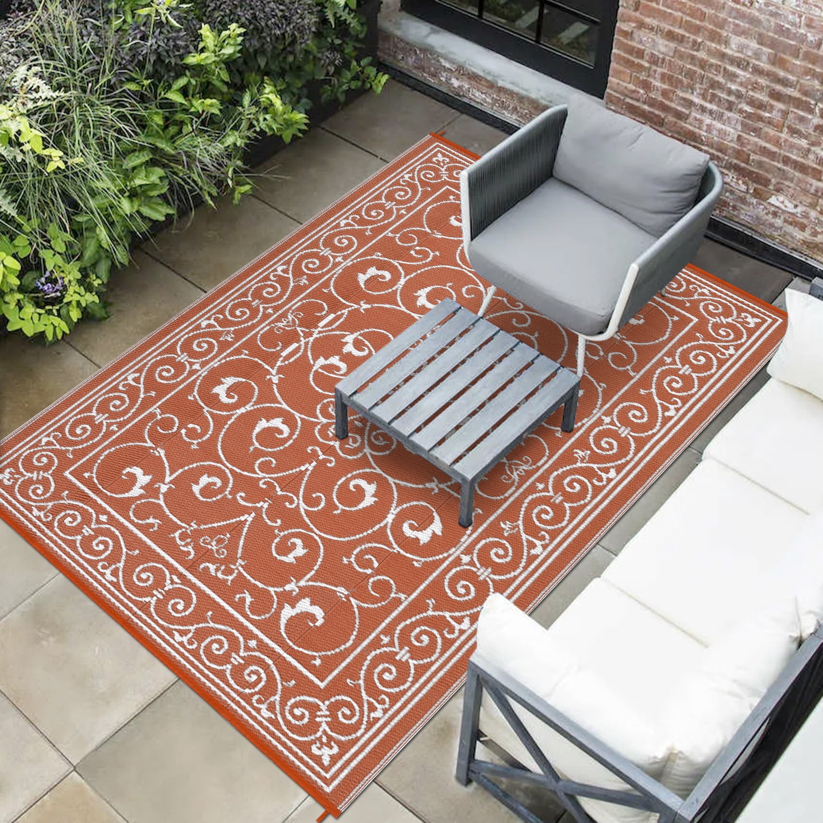 HIWEAVER 9' x 12' Orange Outdoor Rug PP Plastic Straw Woven Waterproof Patio Rug with Border Portable Outside Carpet for Balcony Deck Picnic Garden Decor