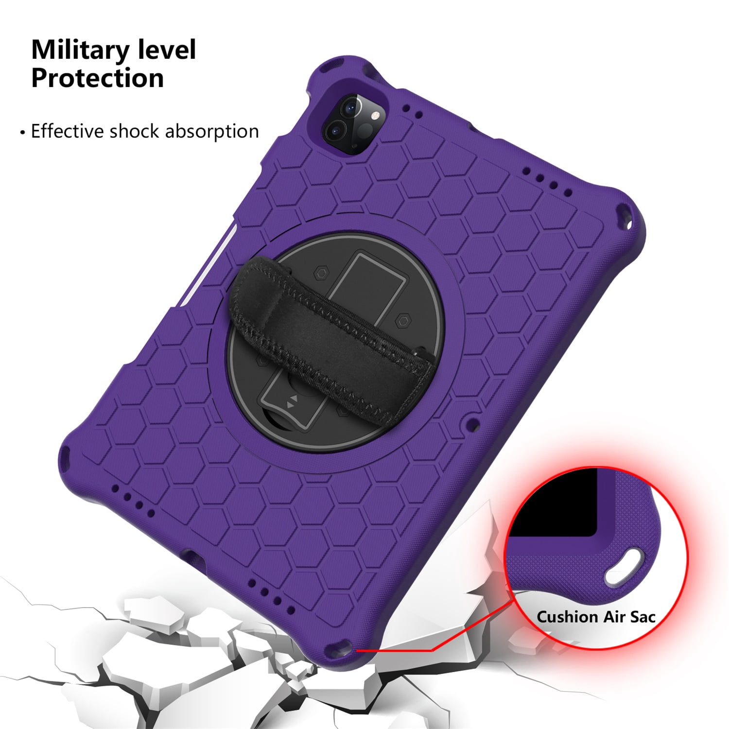SaniMore for iPad 10th Generation 10.9" 2022 Case with 360° Rotatable Hand Strap, EVA & PC Case with Pencil Holder & Shoulder Strap Multi-Angle Kickstand Shockproof Protective Case, Purple+Black
