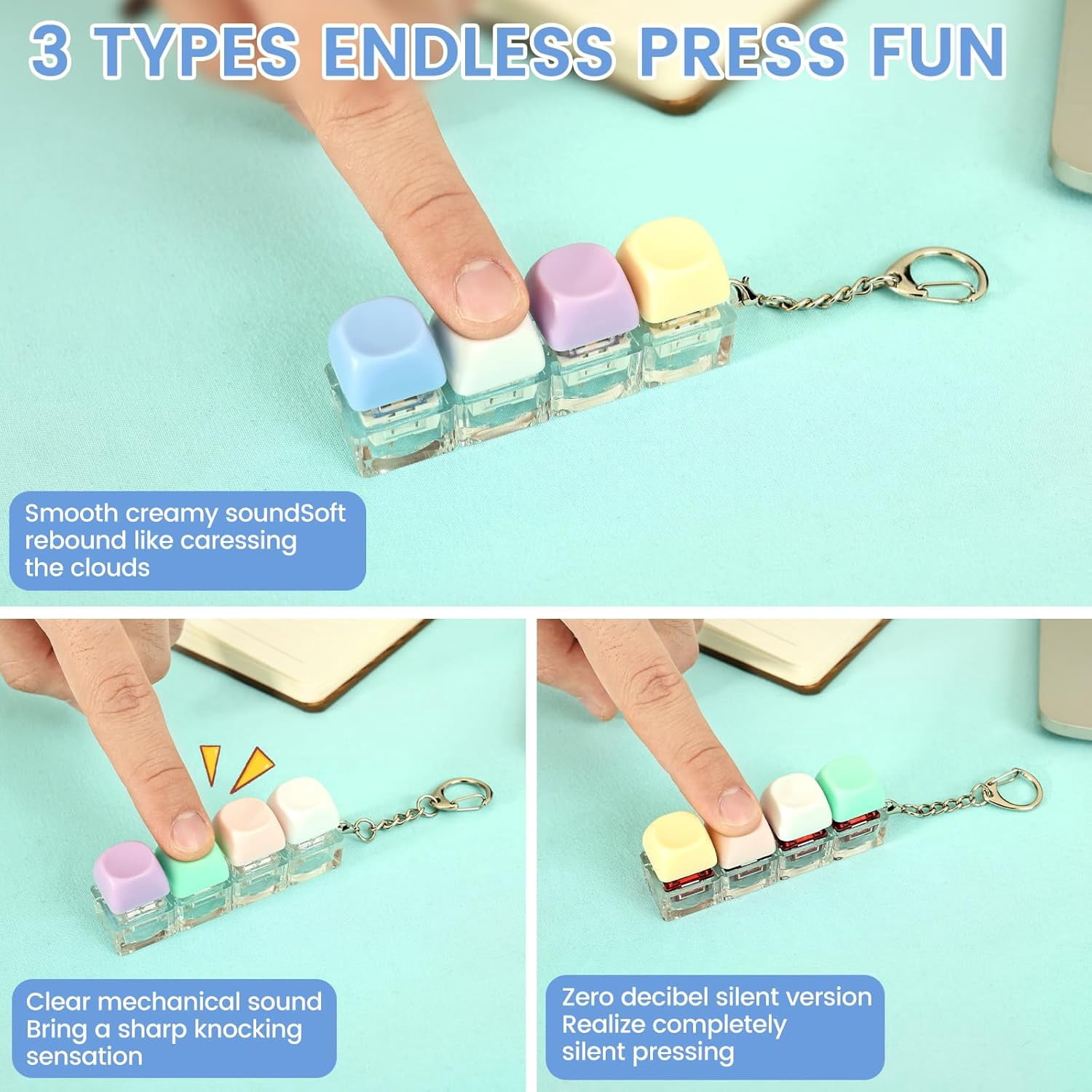 6PCS Creamy Keyboard Fidget, Random Color Clicky & Silent Keyboard Clicker Keychain, Stress Relief Accessory for Bags, Keys and Desk Use