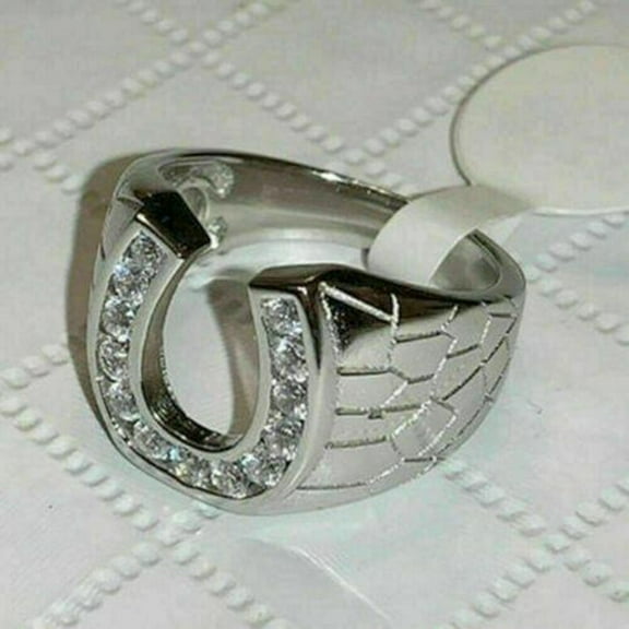 Bluebelljewels Mens Horse Shoe Ring 14K White Gold Finish Silver Round Cut Diamond