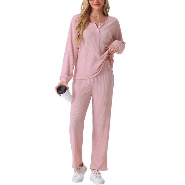 Conjunto de pijama para mujer INSPIRE CHIC de dos piezas, de punto waffle, con manga larga, sudadera y pantalones, talla 2XL, color rosa