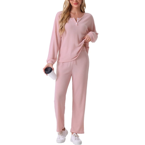 Conjunto de pijama para mujer INSPIRE CHIC de dos piezas, de punto waffle, con manga larga, sudadera y pantalones, talla 2XL, color rosa