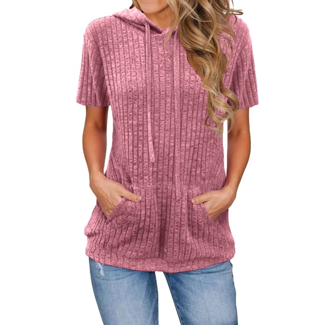Yuyuzo Sweaters for Women Short Sleeve Shirt Drawstring Hooded Knit Tops Ribbed Loose Fitted Tunic Tops
