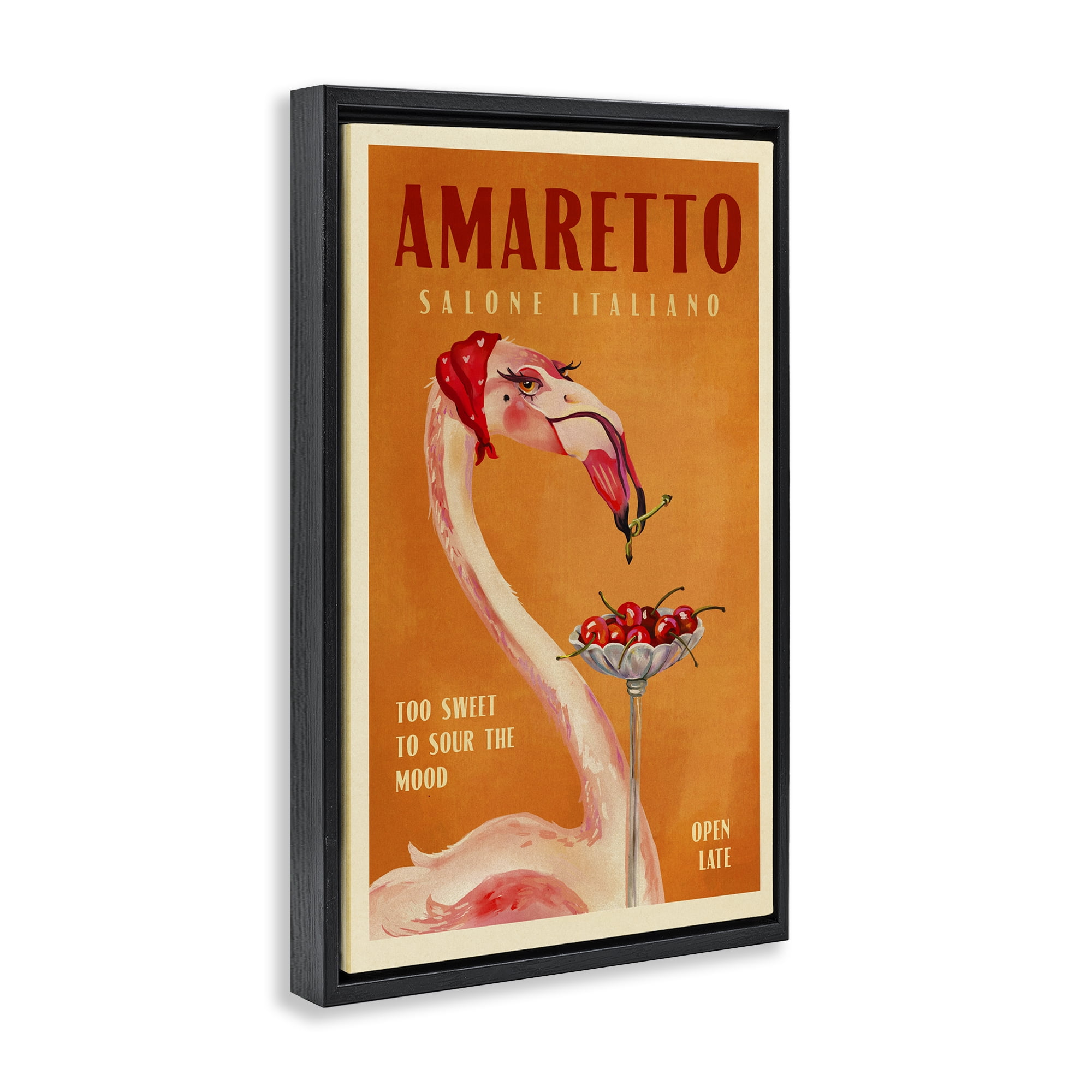 Stupell Industries Vintage Amaretto Flamingo Food & Beverage Painting Black Floater Framed Canvas Art Print Wall Art, 17 x 25