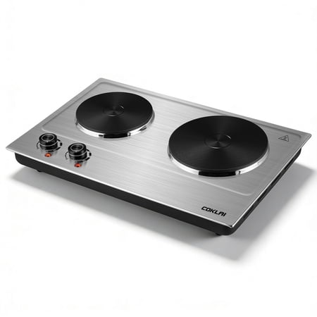 Coklai 1800W Portable Double Burner Hot Plate – Stainless Steel Countertop Electric Cooktop with Dual Cast Iron Heating Plates, Easy-to-Clean Silver Design, 2026 Version