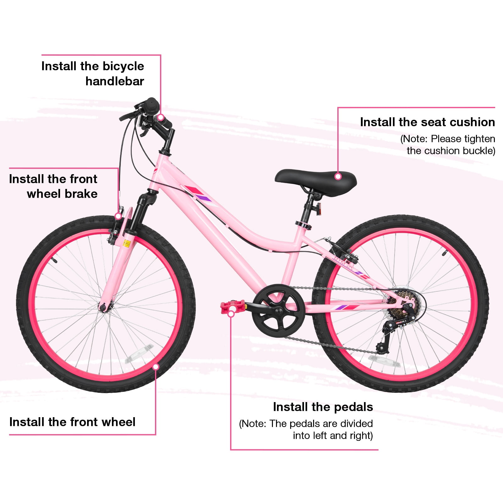 Hykolity Kids Mountain Bike, 24 inch 7 Speed Kid Bicycle, Girls Mountain Bike Age 8-14 Year Old with Front Suspension Fork, Adjustable Seat Height,High-Carbon Steel, Pink