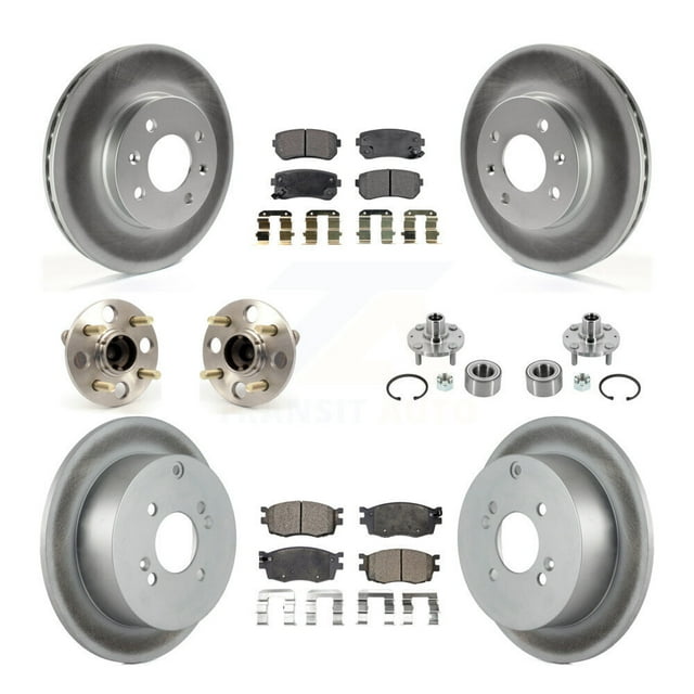Transit Auto Front Rear Hub Bearings Assembly Coated Disc Brake Rotors and Semi-Metallic Pads Kit (10Pc) for Car Hyundai Accent Kia Rio Rio5 Non-ABS - Left Right Side (Driver Passenger) KBB-133061