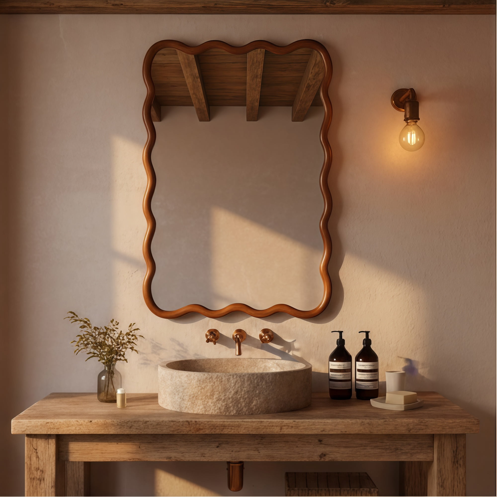 Leumius 24"x36" Wavy Rectangle Mirror, Solid Wood Frame Decorative Mirror for Bedroom Bathroom Living Room Entryway Brown
