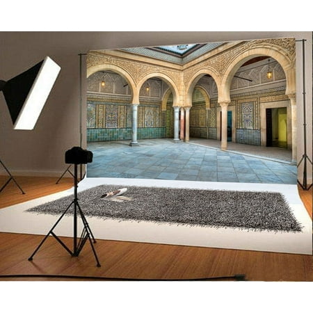 Image of Building Backdrop 7x5ft Photography Background Arch Pillar Mural Wall Lamps Floor Video Studio Props