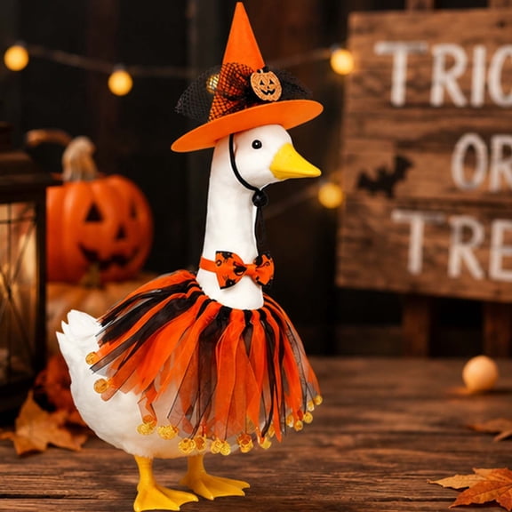 23 Inch Porch Goose Halloween Outfit Set, Orange Witch Hat with Print Bow and Skirt for Garden Statue, Durable Polyester Costume for Outdoor Yard Lawn and Festive Display