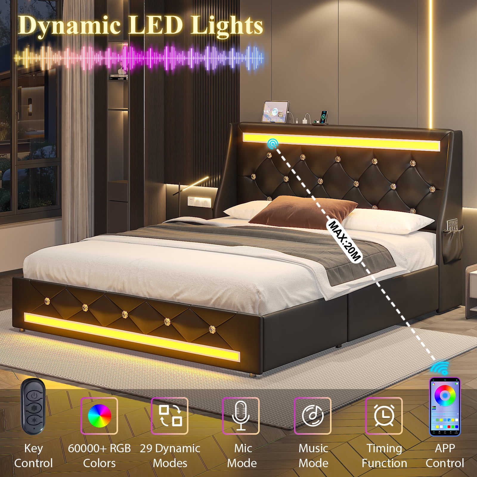 E-motie Queen Bed Frame with 2 Storage Drawers, Upholstered Headboard with LED Light & Charging Station, Diamond Tufted Style, Pu Leather, Black