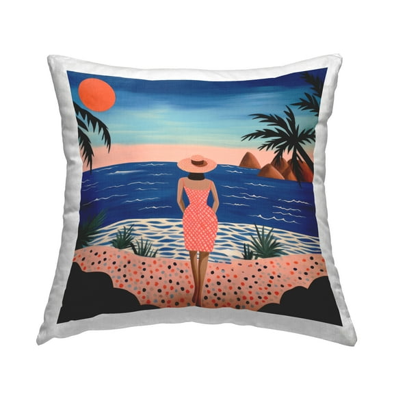 Stupell Industries Patterned Girl at Beach Decorative Printed Throw Pillow, 18 x 18