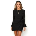 thumbnail image 4 of Casual long-sleeved frilly wrap skirt crew neck belted waist short skirt solid color party dress, 4 of 5
