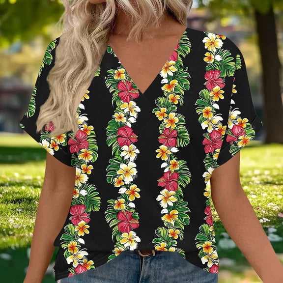 HOMBOM Shirts for Women Hawaiian V Neck Tee Shirts Beach Summer Short Sleeve Floral Ladies T Shirts Casual
