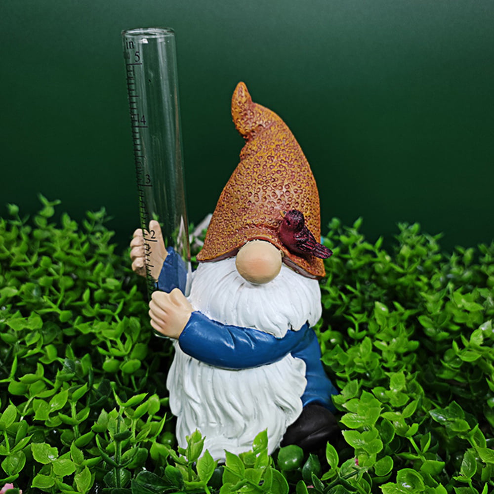 Resin Gnome Statue Outdoor Garden Decorations with a Plastic Rain Gauge Hand Painted Gnome Sculpture Water Gauge for Rain Resin Gnome Rain Gauges 
