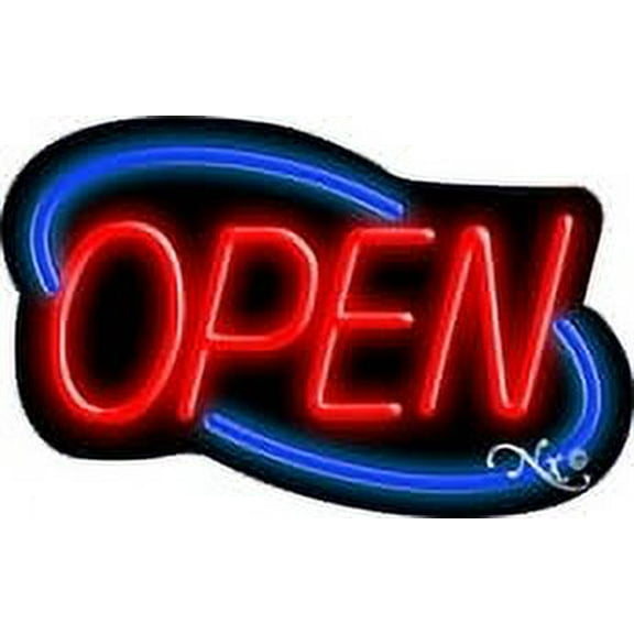 Deco Style Red Open With Blue Border LED Neon Sign 14" Tall x 22" Wide, Black Square Cut Acrylic Backing, with Dimmer - Bright and Premium built indoor LED Neon Sign for storefront.