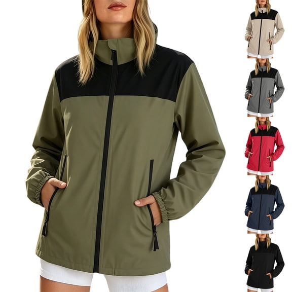 XUNKUSGA Waterproof Rain Jacket Women Fashion Color Block Lightweight Windbreaker Jacket Women Classic Zip Up Stand Collar Athletic Jacket with Zipper Pockets,Green,M
