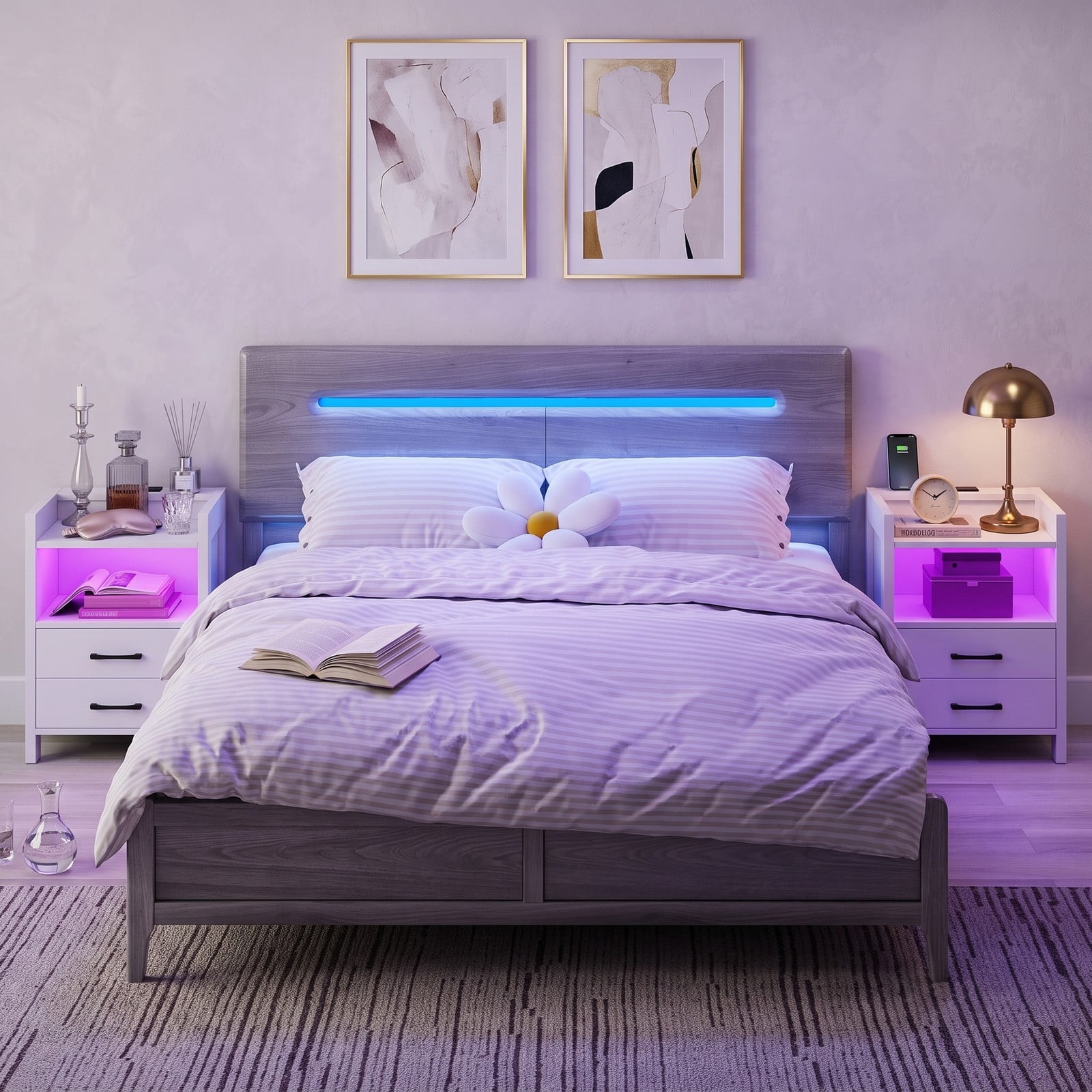 Furnibear 23.5 Inch Nightstand with Charging Station, USB & Type-C Ports, RGB LED Light, 2 Drawers and Open Storage Shelf, Modern Bedside Table for Bedroom, White